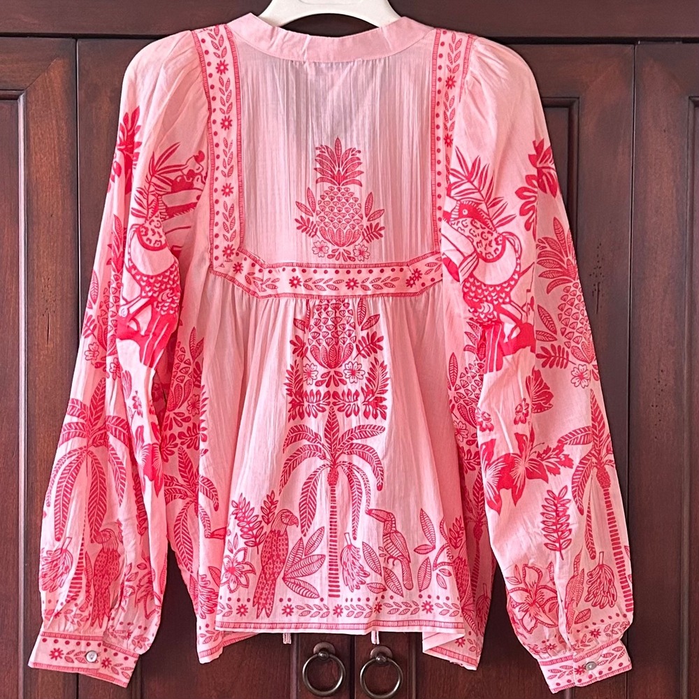 Calypso St Barth Tropical Peasant Top Blouse Pink Size L Beaded Tassels - Picture 3 of 16